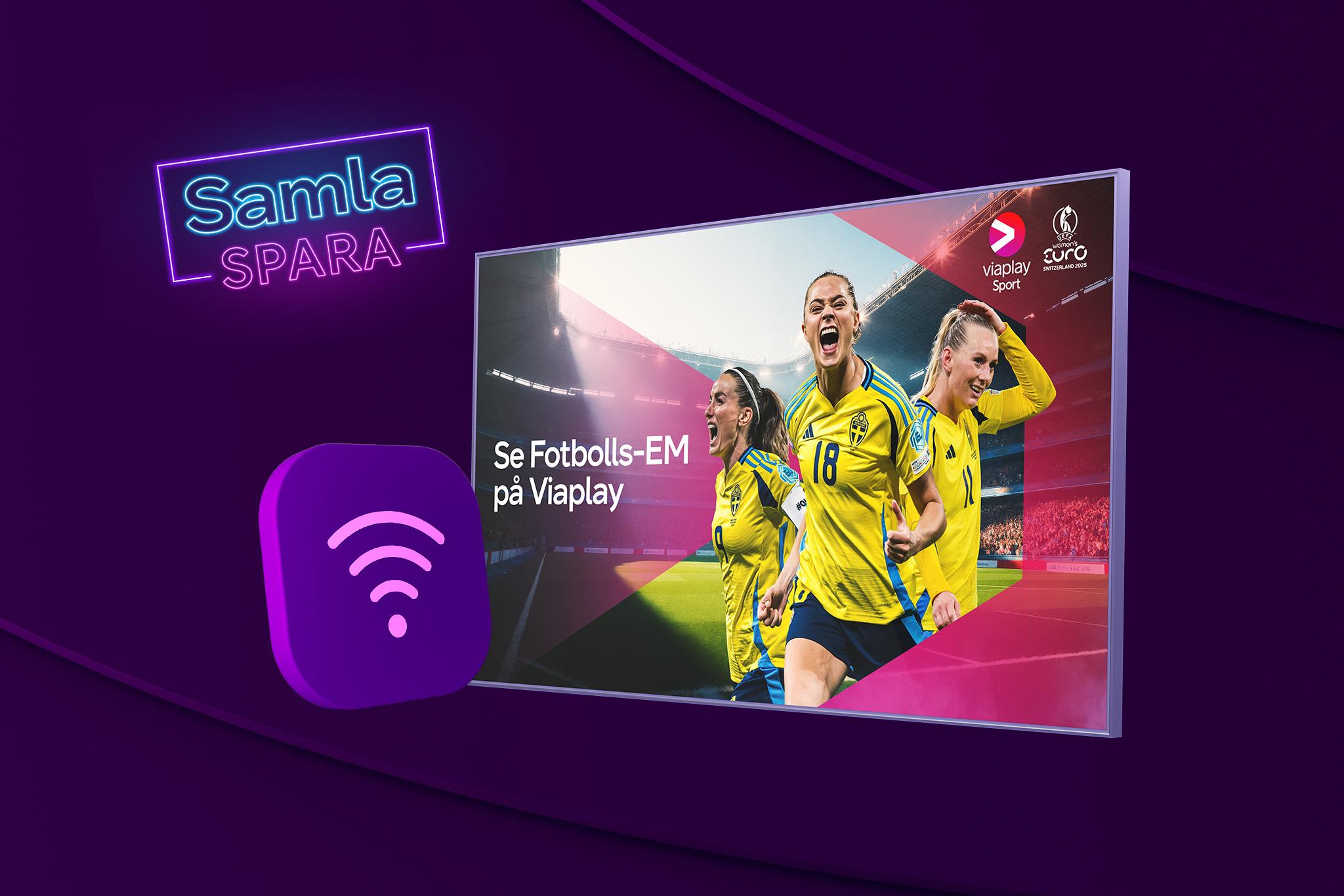En wifi-symbol som symboliserar vårt bredband, bredvid en tv-skräm med aktuella fotbollsspelare från damernas fotbolls-EM 2025. Samla och spara med bredband och tv i ett paket! 